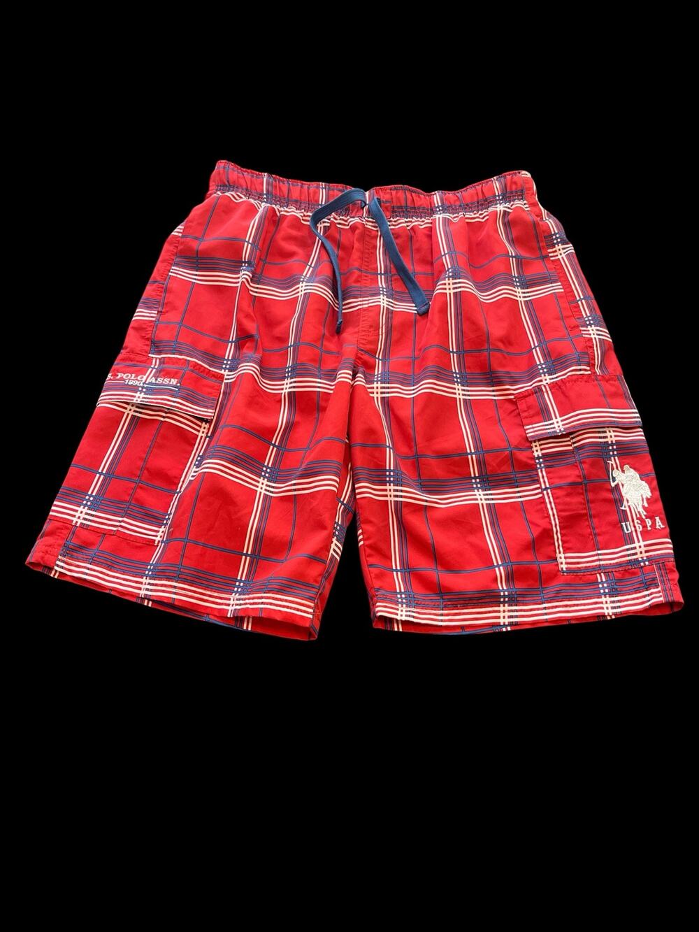 U.S.Polo swim trunks-Men Sz M-Red white blue-Mesh lined-Drawstring-EUC-1132